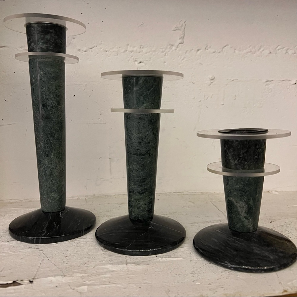 Green Marble and Lucite Candle Holders trio Vintage
